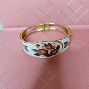 Vintage Gold Tone White Enamel Cloisonne Cuff Bracelet Floral Butterfly Flower